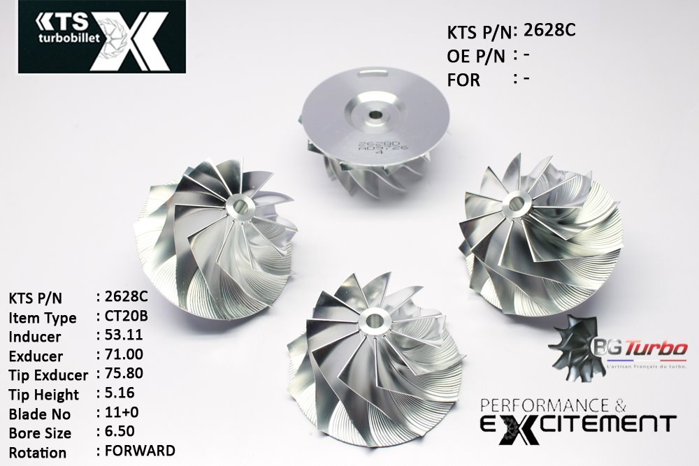 Turbo ROUE FORGÉE MFS PERFORMANCE - 11+0 PALES - INDUCER : 53,11 - EXDUCER : 71 - TYPE : CT26ANGLE : 55° - ROTATION : Forward - SUPER BACK : -1,37 - BORE SIZE : 6,5
